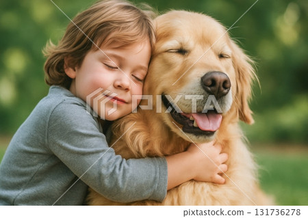 Child hugging golden retriever dog outdoors showing affection and friendship 131736278