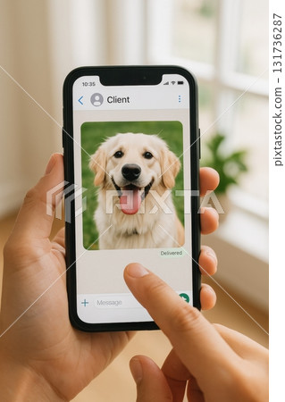 Person sending photo of golden retriever dog on smartphone messaging app 131736287