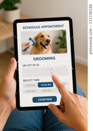 Person scheduling dog grooming appointment on tablet at home Person scheduling dog grooming appointment on tablet at home 131736288