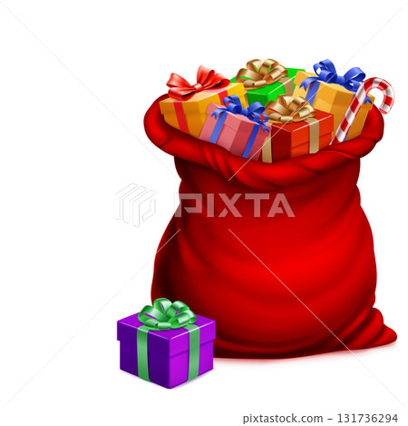 Colorful gift boxes in a red sack with a candy cane. Colorful gift boxes in a red sack with a candy cane. 131736294