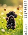 Puppy playing with spring flowers 131736327