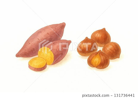 Autumn flavors illustration set: Watercolor frame materials including pumpkins, chestnuts, mushrooms, and fruits Autumn flavors illustration set: Watercolor frame materials including pumpkins, chestnuts, mushrooms, and fruits 131736441