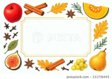 秋季風味插圖集：南瓜、栗子、蘑菇和水果等水彩框架材料 131736445