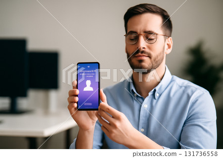 AI generated image of a person using a meditation app during a break from back-to-back video calls. Captures stress relief and focus in a professional office setting. 131736558