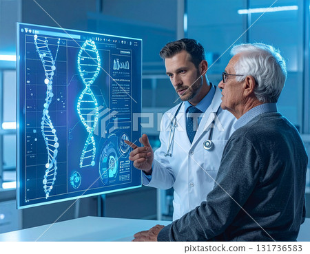 AI generated doctor and elderly patient examining a transparent screen showing a DNA helix with personalized health insights. The futuristic interface highlights genetic data and health predictions. 131736583