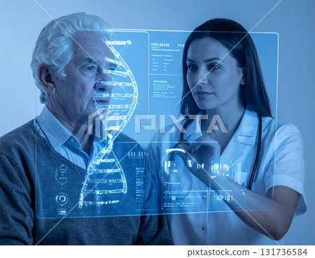 AI generated doctor and elderly patient examining a transparent screen showing a DNA helix with personalized health insights. The futuristic interface highlights genetic data and health predictions. 131736584