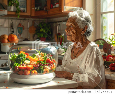 AI generated elderly man observing a food replicator creating a nutritious meal. The modern kitchen and his curious expression highlight the future of health-focused technology in everyday life. 131736595
