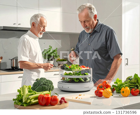 AI generated elderly man observing a food replicator creating a nutritious meal. The modern kitchen and his curious expression highlight the future of health-focused technology in everyday life. 131736596