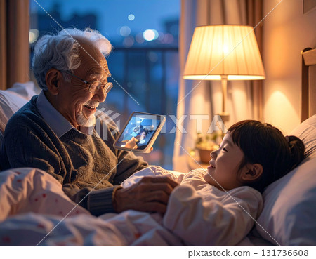 AI generated grandfather reading a bedtime story to his granddaughter through a telepresence robot. Emotional connection and futuristic technology bring comfort and joy to this tender family moment. 131736608