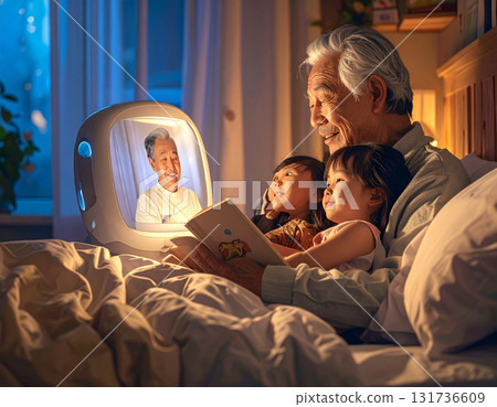 AI generated grandfather reading a bedtime story to his granddaughter through a telepresence robot. Emotional connection and futuristic technology bring comfort and joy to this tender family moment. AI generated grandfather reading a bedtime story to his granddaughter through a telepresence robot. Emotional connection and futuristic technology bring comfort and joy to this tender family moment. 131736609