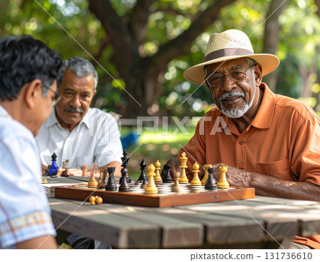 AI generated image of diverse seniors playing chess in a park with an AI-powered coach on a tablet. Natural light, joyful atmosphere, and social connection among friends. AI generated image of diverse seniors playing chess in a park with an AI-powered coach on a tablet. Natural light, joyful atmosphere, and social connection among friends. 131736610
