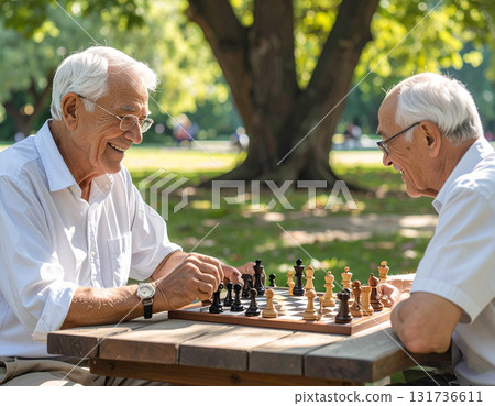 AI generated image of diverse seniors playing chess in a park with an AI-powered coach on a tablet. Natural light, joyful atmosphere, and social connection among friends. AI generated image of diverse seniors playing chess in a park with an AI-powered coach on a tablet. Natural light, joyful atmosphere, and social connection among friends. 131736611
