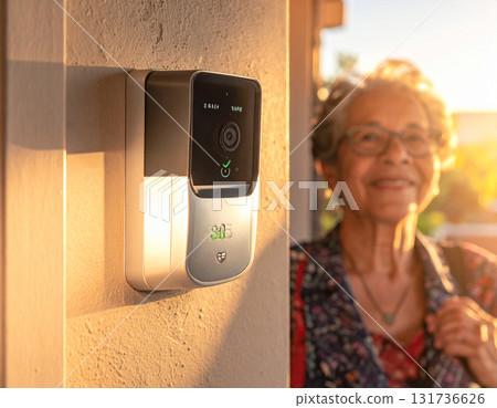 AI generated image of an elderly person interacting with an AI doorbell camera that identifies a delivery person, offering reassurance and reducing anxiety. Safe and friendly technology for seniors. 131736626