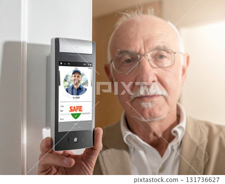AI generated image of an elderly person interacting with an AI doorbell camera that identifies a delivery person, offering reassurance and reducing anxiety. Safe and friendly technology for seniors. 131736627