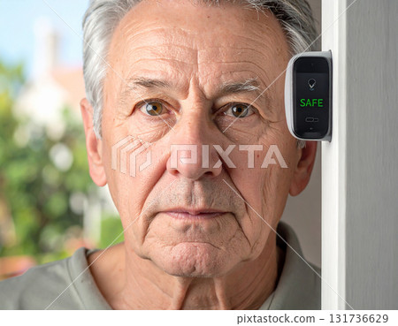 AI generated image of an elderly person interacting with an AI doorbell camera that identifies a delivery person, offering reassurance and reducing anxiety. Safe and friendly technology for seniors. 131736629