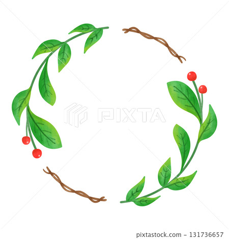Watercolor botanical frame of green leaves and red berries Watercolor botanical frame of green leaves and red berries 131736657