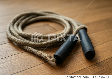 AI generated image of a detailed shot of a well-used, frayed jump rope coiled on a warm hardwood floor. The worn texture evokes a sense of authenticity and dedication. 131736711