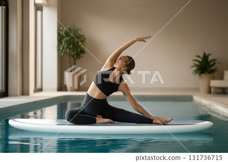 AI generated serene image of a woman practicing yoga on a paddleboard in a calm indoor pool. The peaceful and luxurious setting enhances the sense of tranquility and focus. AI generated serene image of a woman practicing yoga on a paddleboard in a calm indoor pool. The peaceful and luxurious setting enhances the sense of tranquility and focus. 131736715