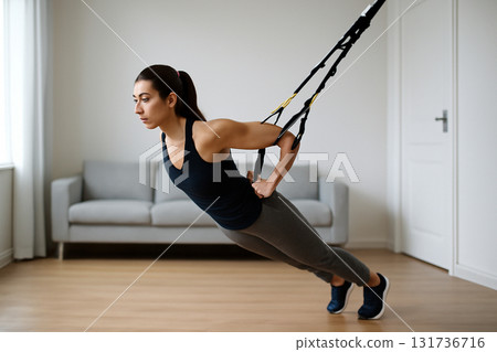 AI generated image of a woman using a TRX suspension trainer in a modern living room. Focus on core strength and full-body engagement. Bright natural light adds energy and motivation to the scene. AI generated image of a woman using a TRX suspension trainer in a modern living room. Focus on core strength and full-body engagement. Bright natural light adds energy and motivation to the scene. 131736716