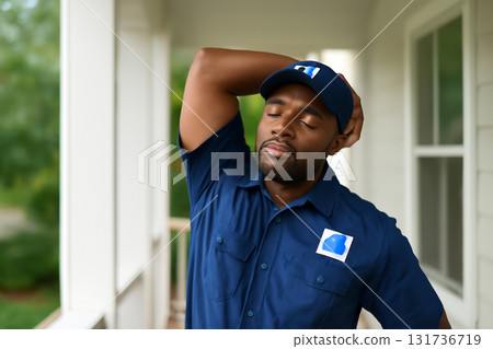 AI generated photo of a Black postman taking a stretch break on his porch after a long shift. A relaxed and everyday wellness moment captured in natural light with subtle exhaustion. 131736719