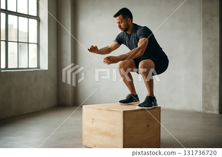 AI generated image of an athletic man performing a box jump in a minimalist industrial loft. Focus on strength, fitness, and dynamic movement in a modern urban space. 131736720