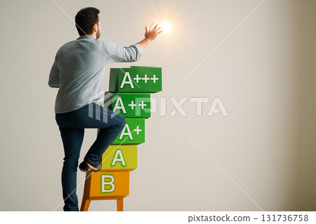 AI generated person climbing a ladder made of energy efficiency ratings reaching towards the sun, symbolizing progress and the pursuit of a sustainable future. Inspirational and metaphorical concept. AI generated person climbing a ladder made of energy efficiency ratings reaching towards the sun, symbolizing progress and the pursuit of a sustainable future. Inspirational and metaphorical concept. 131736758
