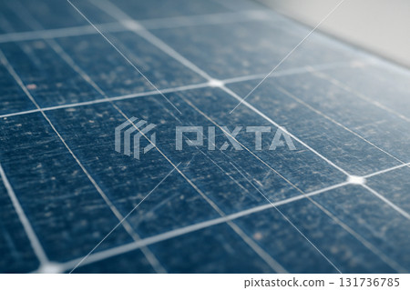 AI generated image showing the weathered surface of a solar panel with minor scratches and dust. A detailed macro shot highlighting the aging and wear of photovoltaic cells under soft lighting. AI generated image showing the weathered surface of a solar panel with minor scratches and dust. A detailed macro shot highlighting the aging and wear of photovoltaic cells under soft lighting. 131736785