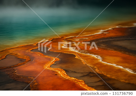 AI generated close-up of geothermal hot spring surface with vibrant mineral deposits and turquoise water creating natural beauty and contrast. Perfect for environmental, nature, and wellness themes. 131736790