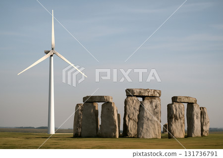 AI generated modern wind turbine beside an ancient historical monument like Stonehenge. Symbolizes the balance of tradition and innovation, showing the harmony of old and new technologies. 131736791