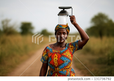 AI generated African woman with a solar lamp walking in rural Africa. This powerful representation of empowerment and dignity is ideal for projects highlighting sustainable energy and women strength. 131736792