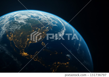 AI generated image of Earth from space showing a serene view with clear atmosphere and healthy oceans. City lights shine across the globe, symbolizing human progress powered by clean energy. 131736797
