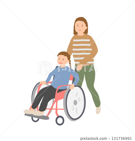 圖：坐在輪椅上的女孩和她的母親照顧她 131736991