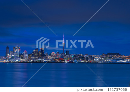 從紐西蘭奧克蘭海灣對面欣賞城市夜景和燈火通明的天空塔 131737066