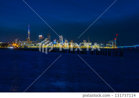 紐西蘭奧克蘭天空塔和海港大橋夜間燈火通明 紐西蘭奧克蘭天空塔和海港大橋夜間燈火通明 131737114