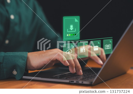 Person typing on laptop with icons of file download, cloud upload, folders and documents. Concept of cloud storage, data transfer, digital file management, online storage and information technology. 131737224