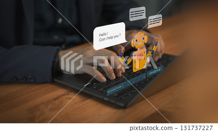 Man typing on laptop computer with AI assistant chatbot and data interface, representing artificial intelligence, customer support, automation and smart digital communication. Man typing on laptop computer with AI assistant chatbot and data interface, representing artificial intelligence, customer support, automation and smart digital communication. 131737227