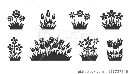 Flowers in grass black silhouette set. Spring buds, tulips daisy chamomile daffodil simple blossoms. Flat floral nature shapes composition, meadow blooms stylized , decorative DIY stamping stencil Flowers in grass black silhouette set. Spring buds, tulips daisy chamomile daffodil simple blossoms. Flat floral nature shapes composition, meadow blooms stylized , decorative DIY stamping stencil 131737246