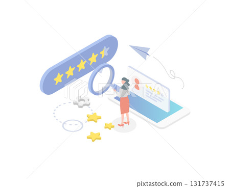 Isometric vector illustration of a woman analyzing positive customer reviews and testimonials (rating, satisfaction, marketing) 131737415