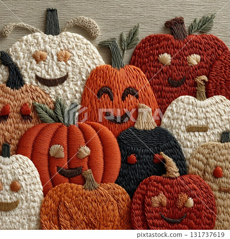 可愛微笑南瓜的刺繡藝術 - 充滿溫暖秋日色彩的高解析度照片 131737619