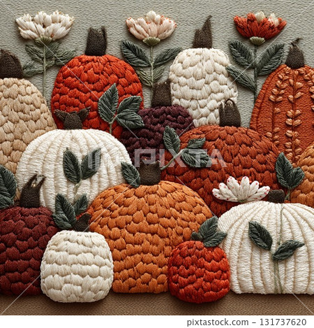 Autumn Crochet Pumpkin Patch Pattern Embroidery Art on Ivory Background 131737620