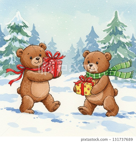 Baby bears carrying presents 131737689