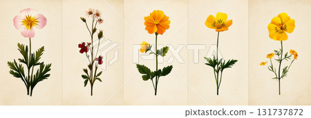 A delicate botanical Herbarium illustration of Cowslip, Pasque Flower, Pheasant Eye, Evening Primrose, Buttercup, Wild Geranium, isolated on old paper with muted pastel colors, floral poster, banner 131737872