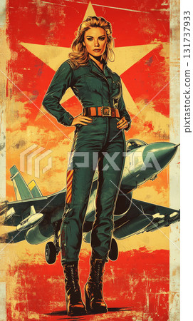 A striking and energetic pin-up style artwork showcasing a fearless woman pilot in a military suit, posed against an airfield backdrop with a combat jet, blending vintage aesthetics 131737933