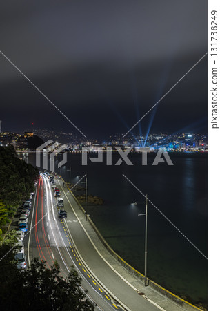 Night view of illuminated Wellington Harbour seen from Oriental Bay in Wellington, New Zealand 131738249