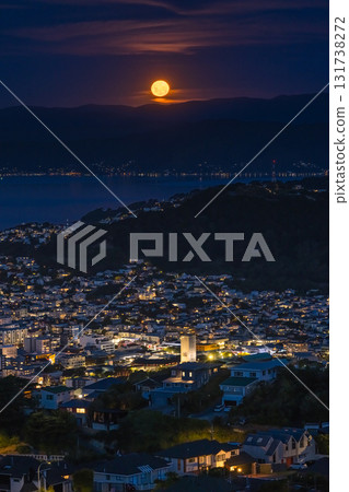 Night view and full moon seen from Brooklyn Army Bunker Hill in Wellington, New Zealand 131738272
