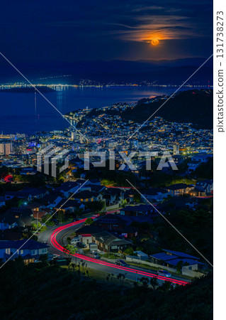 Night view and full moon seen from Brooklyn Army Bunker Hill in Wellington, New Zealand Night view and full moon seen from Brooklyn Army Bunker Hill in Wellington, New Zealand 131738273
