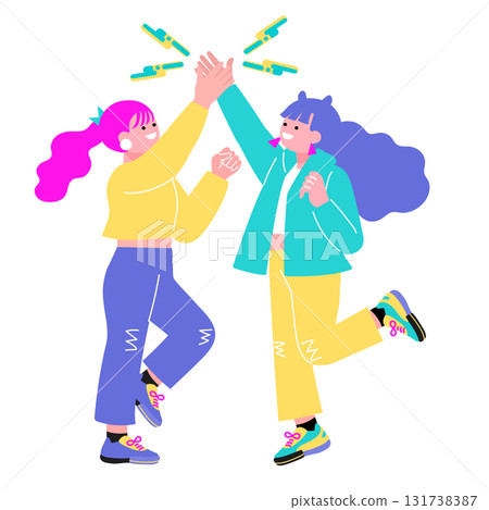 流行色彩插畫，描繪了人們擊掌的場景 131738387