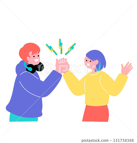 Pop and colorful illustration of young people of Generation Z holding smartphones 131738388