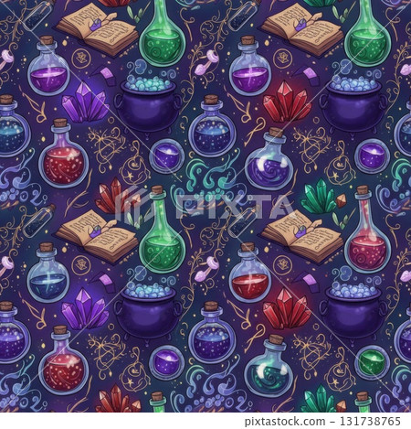 Magical Potion Ingredients Seamless Pattern with Cauldrons and Crystals 131738765