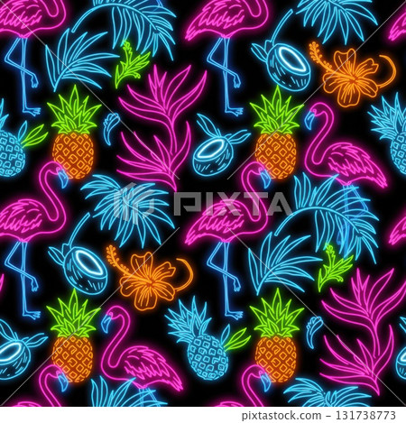 Neon Flamingo Pineapple and Tropical Leaves Seamless Pattern on Black Backdrop 131738773